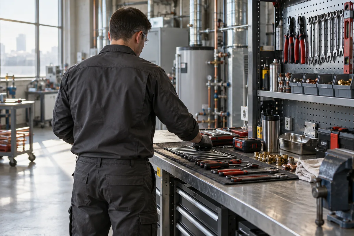 Illustrative technician preparing tools in a workshop